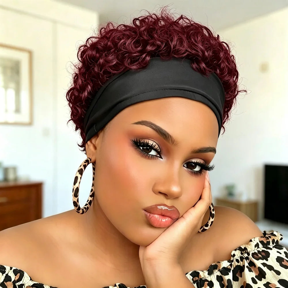 Short Curly Headband Wig Human Hair, Curly Half Wig, full machine made wig Human Hair Headband Wigs for Women