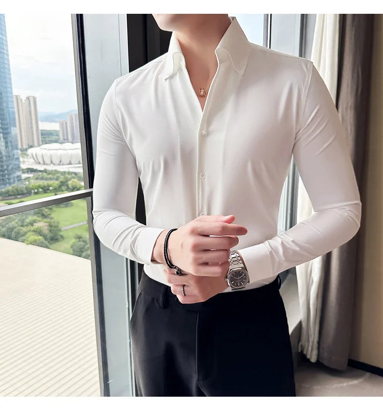 Men Dress Shirt Autumn British Style Solid Casual Slim Fit Formal Camisas V-neck Long Sleeves Shirt Streetwear Men Clothing