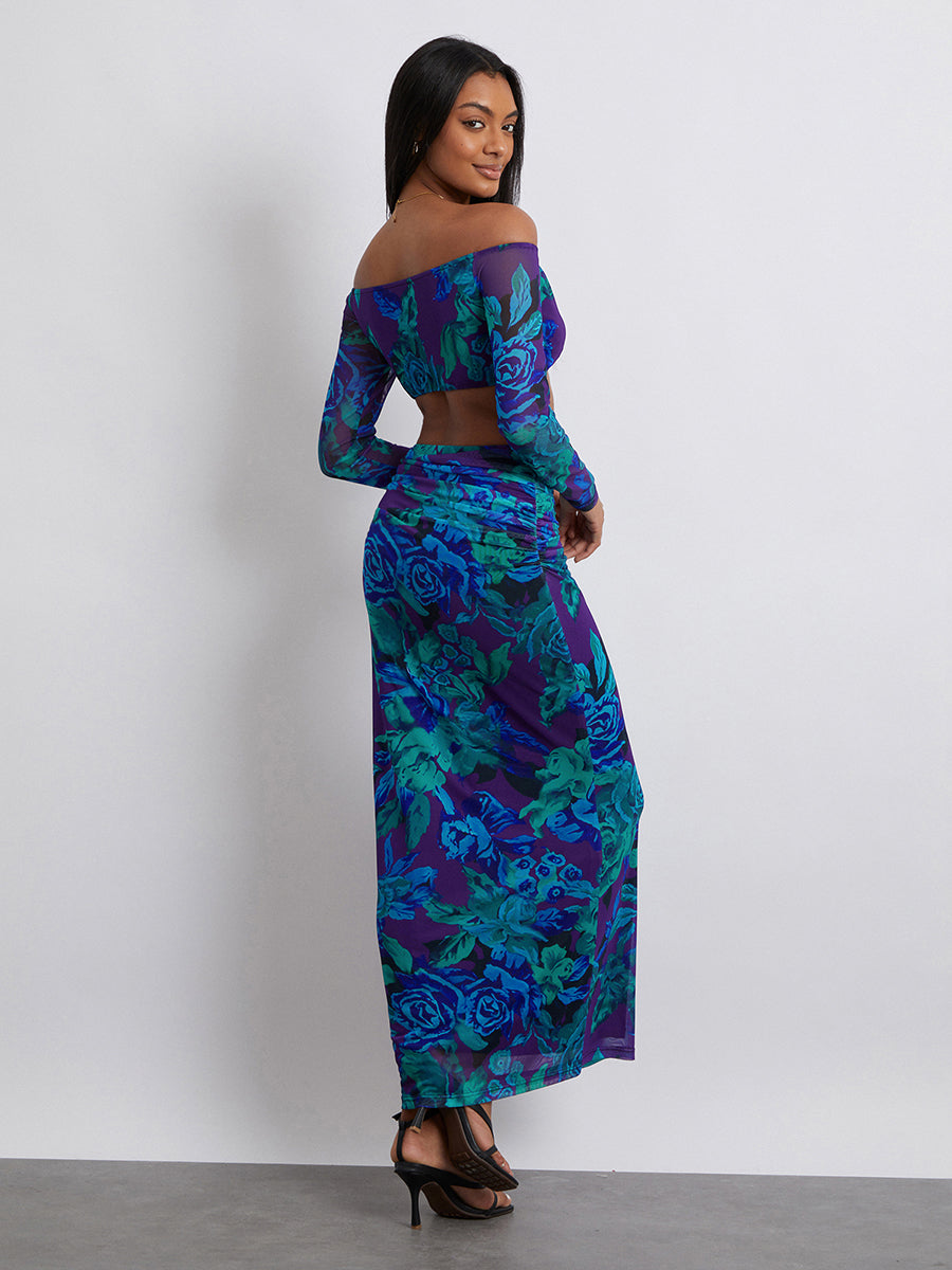 Women Skirt Set Flower Print Long Sleeve Off-shoulder Crop Top with High Waist Long Skirt Fall Outfit