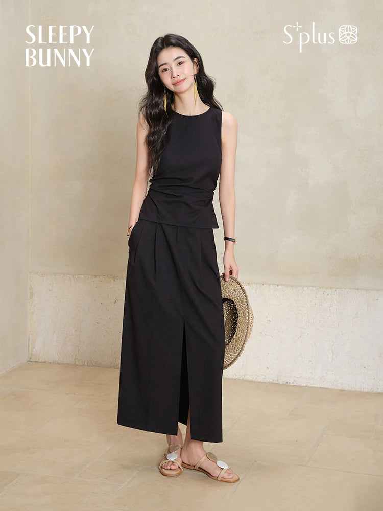 Black Sleeveless Top Skirt Set Women Petite Slim Fit Shirt Split Hem Straight Maxi Skirt Summer Two Piece  Elegant Matching Set