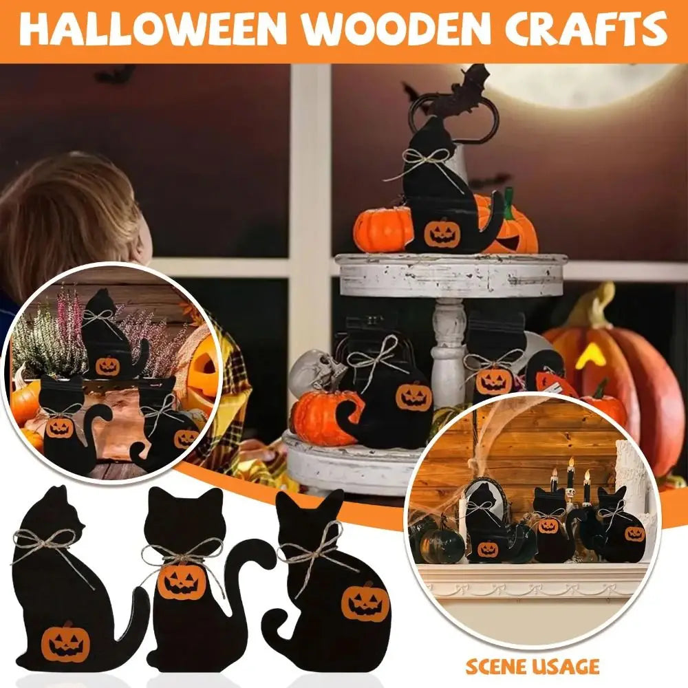 3pcs Table Centerpiece Decoration Wooden Halloween Black Cat Ornament Cute Decorative Cat Sculpture Vivid Animal Statue Tabletop