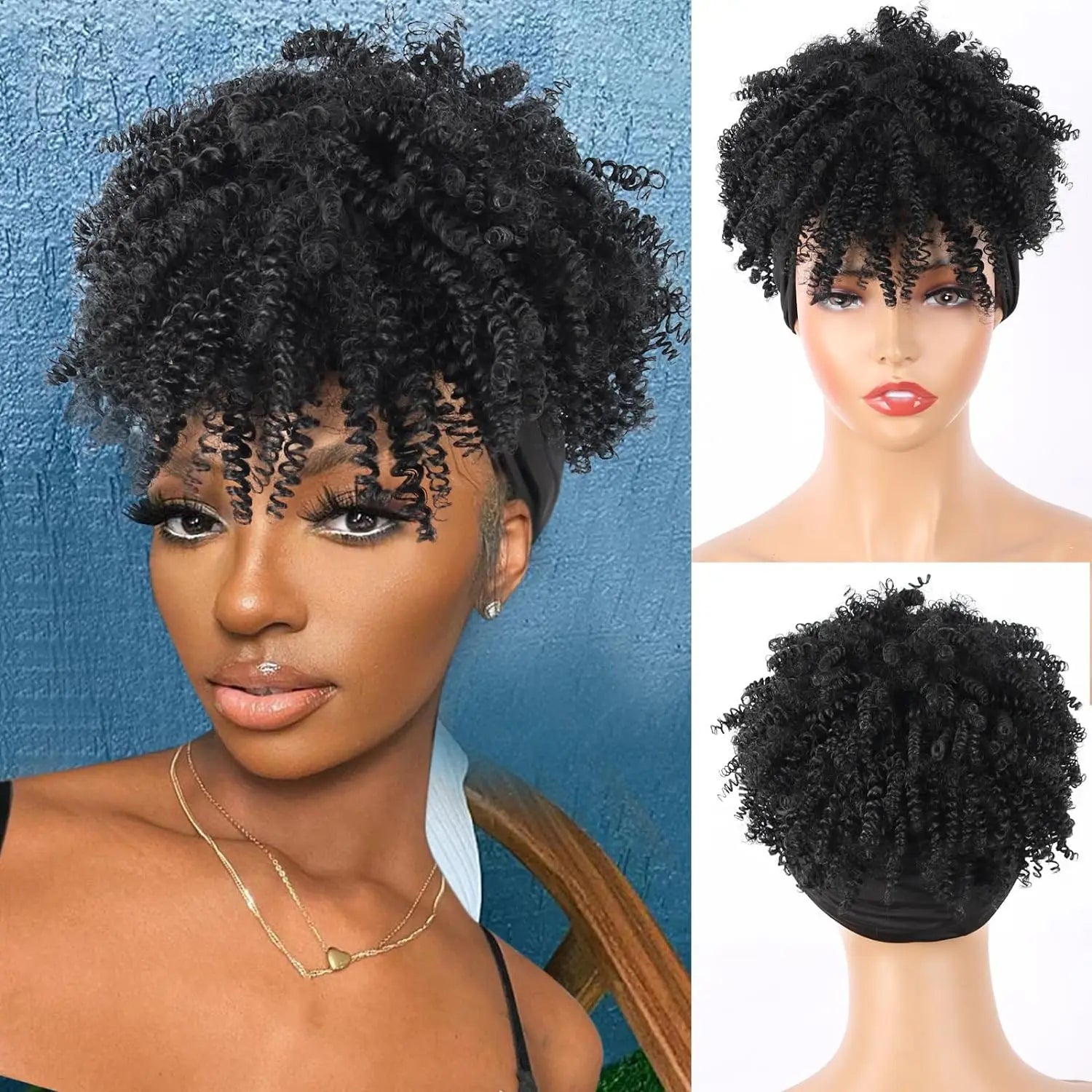 Afro Curly Headband Wigs Short Kinky Curly Wigs with Headbands Attached Scarf Wig For Women Synthetic Afro Puff Wigs with Bangs