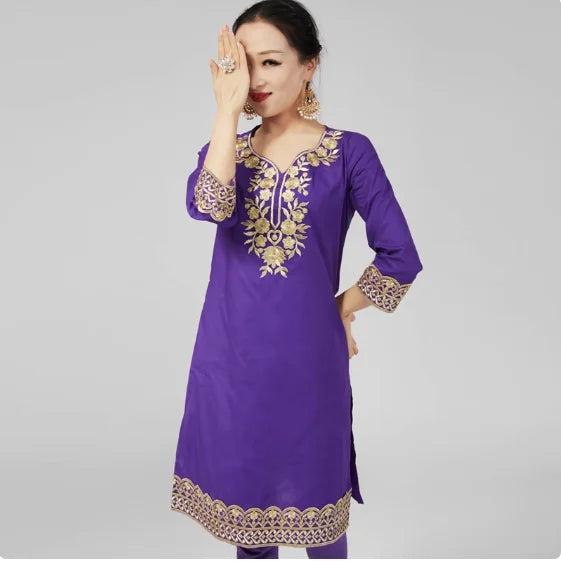 Camisa india de algodón puro con bordado oculto lateral y manga larga para mujer - Pakistán