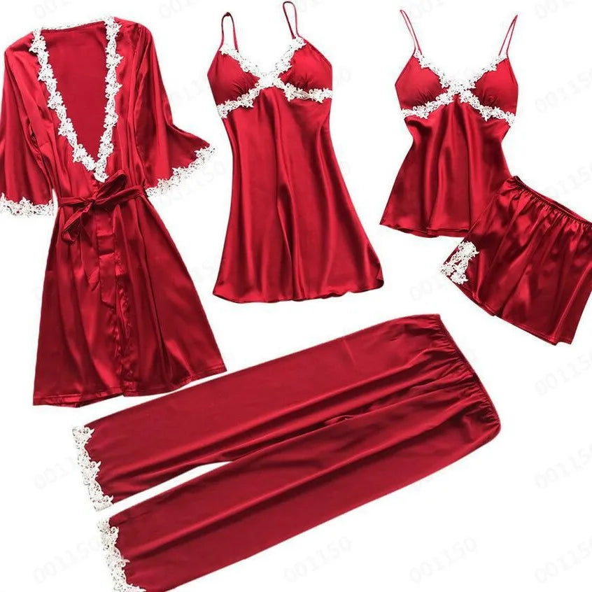 Pajamas Five Piece Set Sexy Lace Trim Nightgown Nightwear Spring Summer Women Bath Robe Loose Satin Home Wear Pijamas Suit