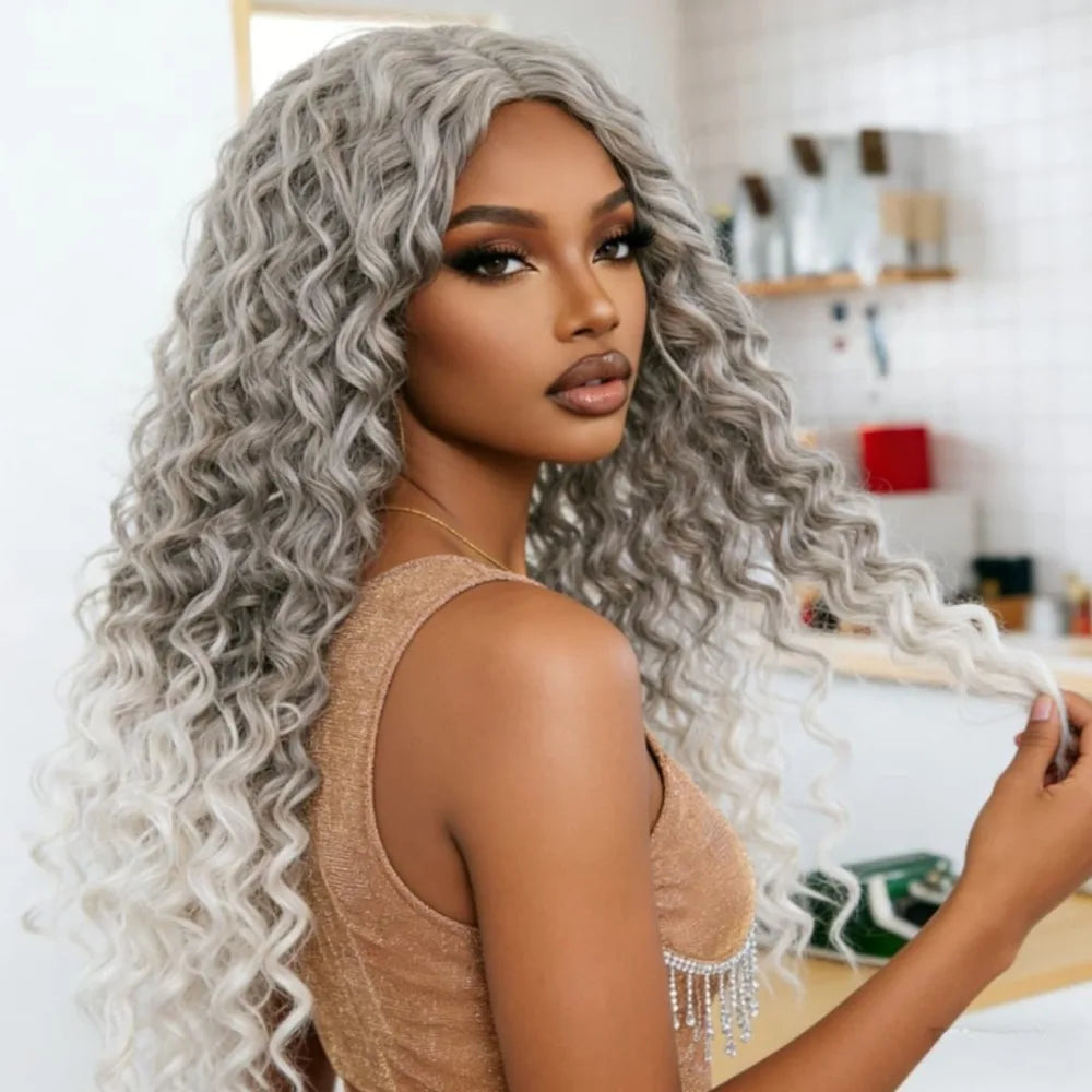 Gray Ombre White Lace Front Wig 13x4 HD Deep Wave Synthetic Wigs Perfect for Daily Wear Parties Special Occasions