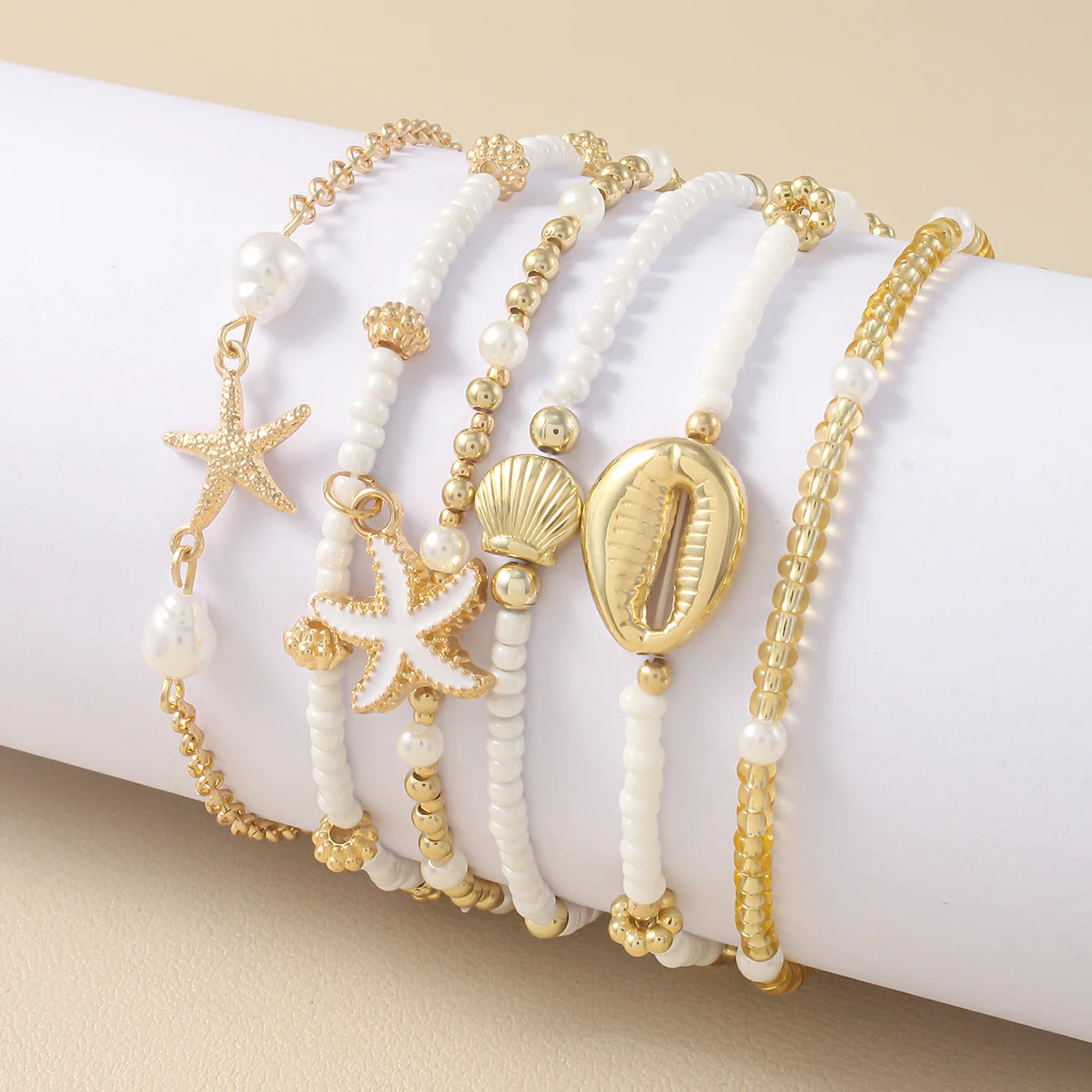 Juego de Pulseras de Cuentas de Estrellas de Mar y Conchas Bohemias para Mujer, Moda Verano Playa, Pulseras de Perlas Multicapa Apiladas, Regalos de Joyería para Fiestas