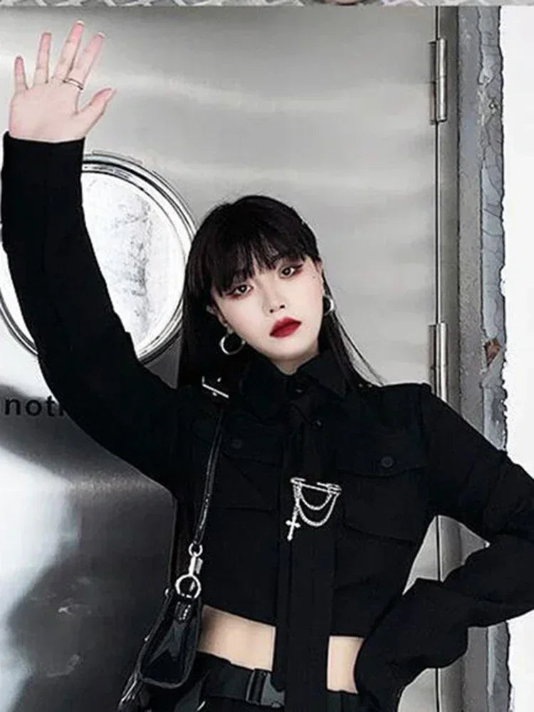 Women Two-Piece Skirt Spring Oversize 4XL Black Punk Chain Ribbon Skirts Ladies Suit Female Dress Sets Harajuku Streetwear