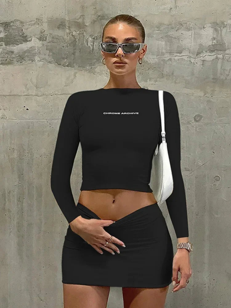 Mini Skirt Set Long Sleeve Crop Top Solid Color Two Piece Sets Womens Outfits Slim Fit Streetwear Letter Print Conjunto Femenino