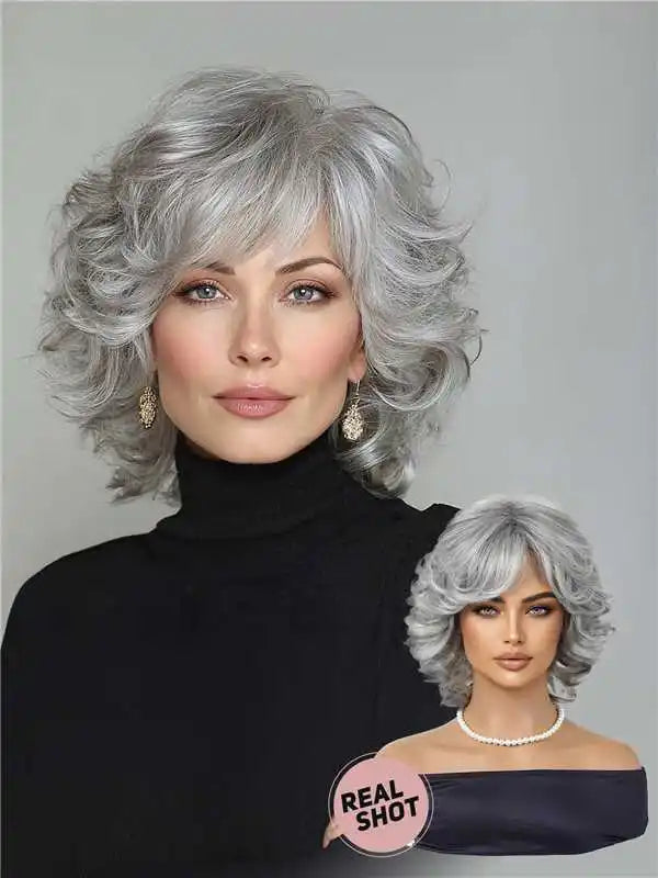 Salt & Pepper Gray Loose Curly Short Bob Wig Side Fringe Silky High Temperature Synthetic Hair Lightweight Comfortable Wig Cap Fashion Mature Ladies Wig