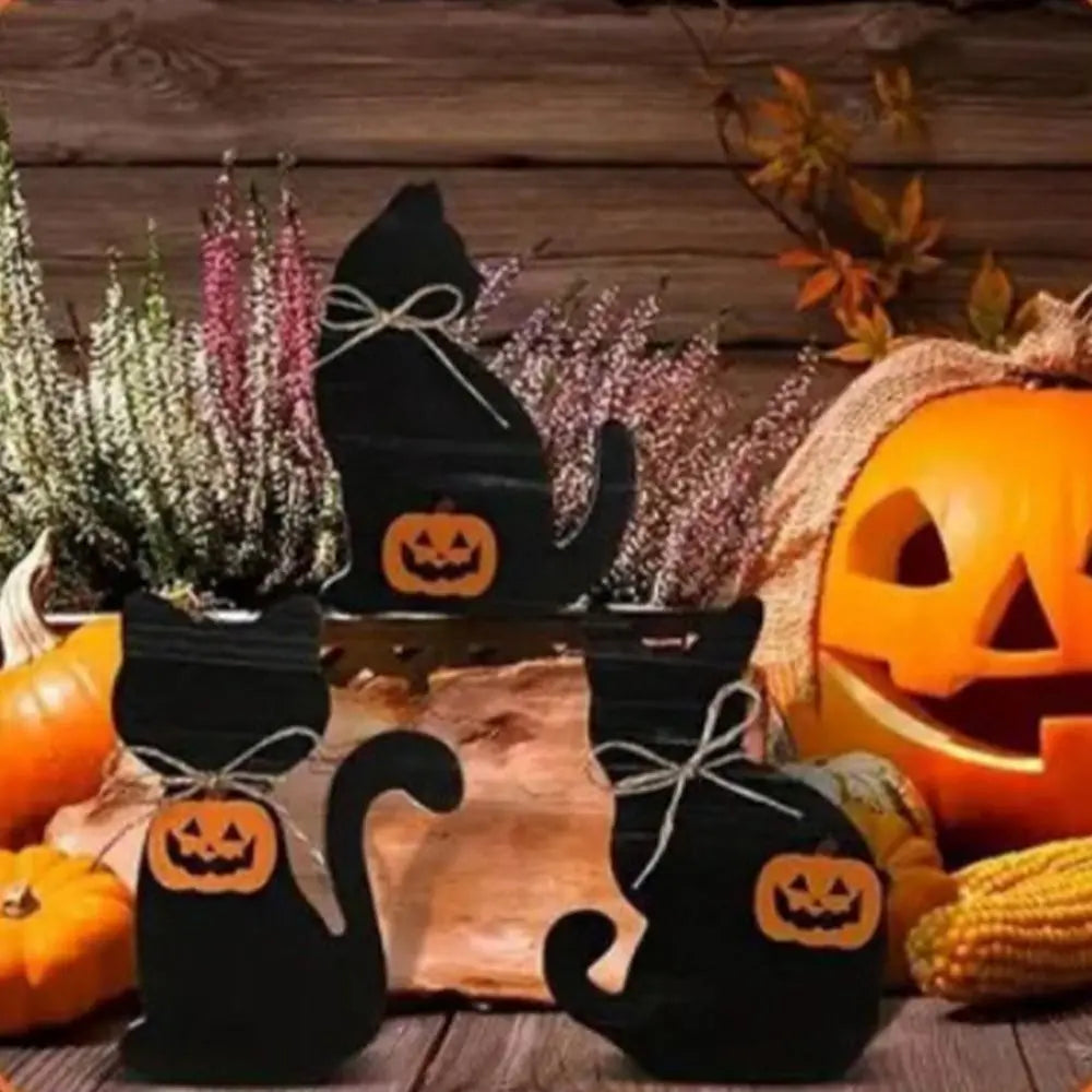 3pcs Table Centerpiece Decoration Wooden Halloween Black Cat Ornament Cute Decorative Cat Sculpture Vivid Animal Statue Tabletop