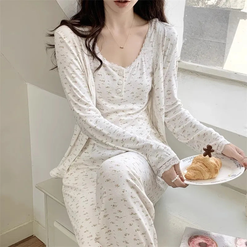 Three-Piece Pajama Set for Women Floral Lace Sweet Cardigan Camisole Homewear Long Sleeves Long Pants Fancy Underwear Ladies
