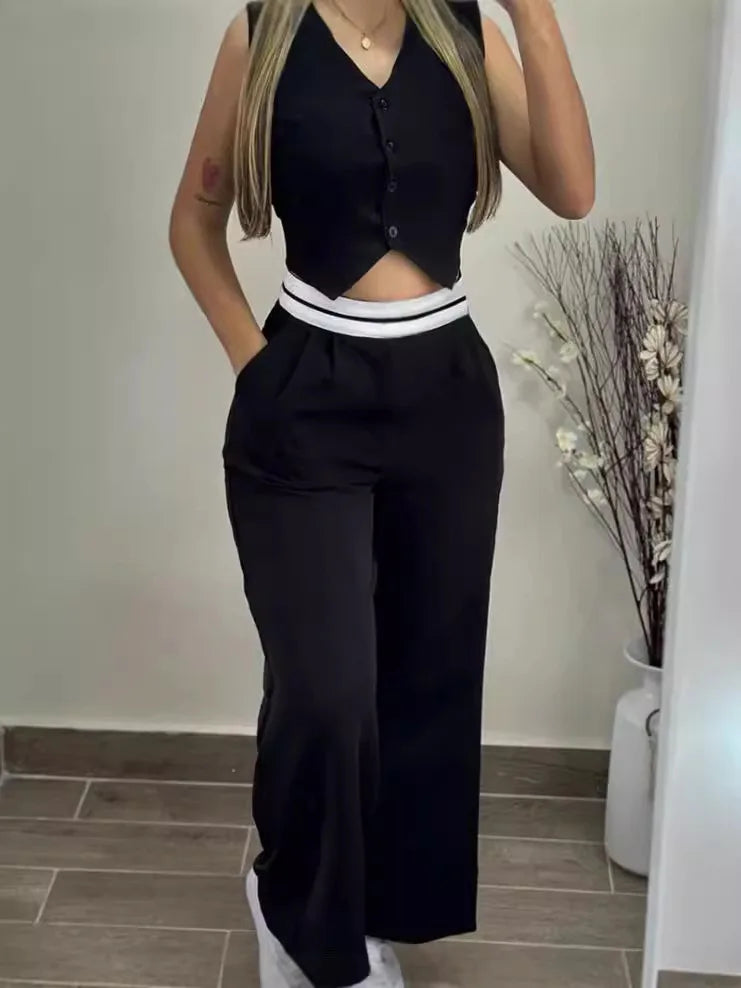 Elegant Two Piece Sets For Women  Summer Buttoned Vest Top & Pocket Decor High Waist Wide Straight Leg Pants Set Streetwear