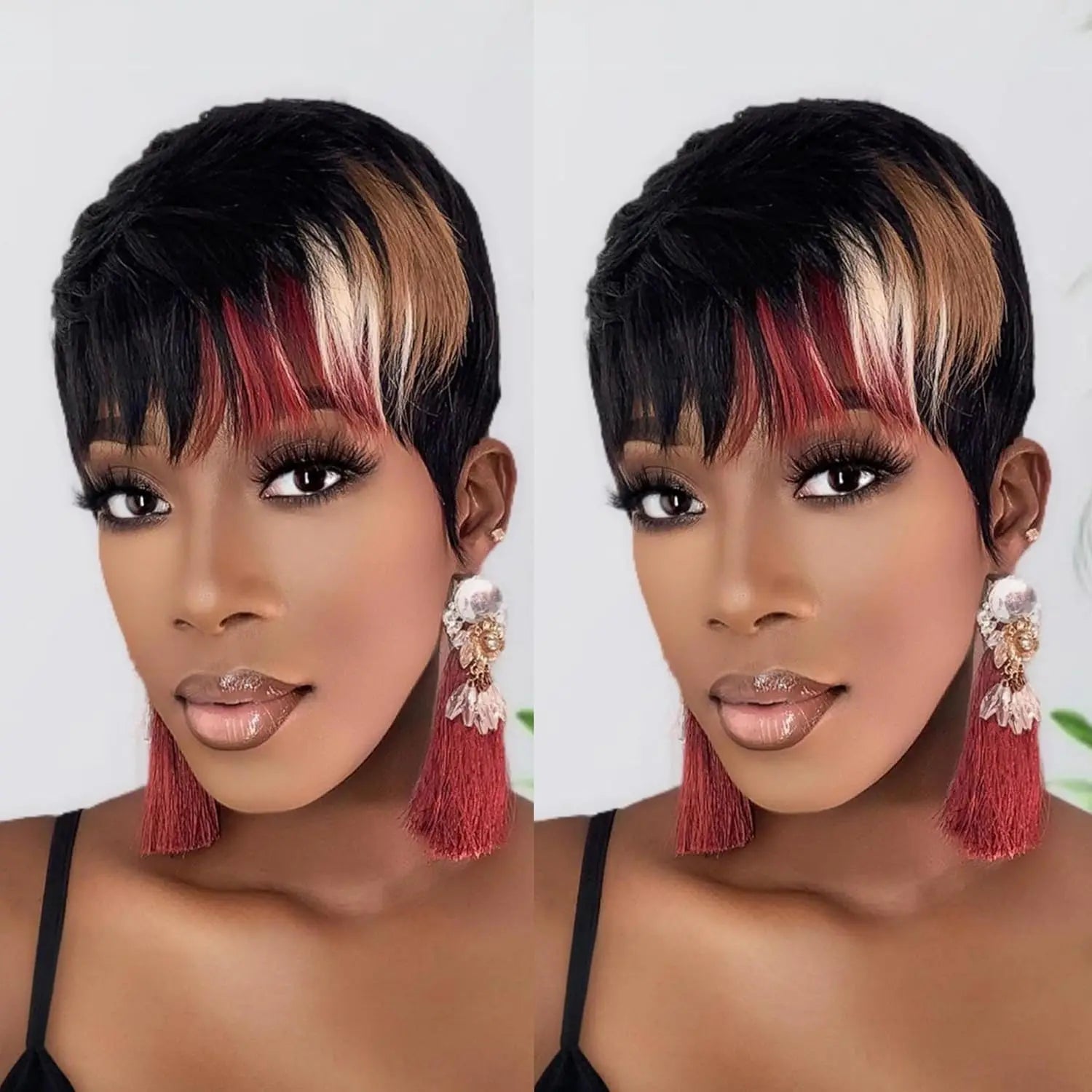 daily party use wig  short straight human hair wig machine made pixie wig black red color for women pixie cut wig