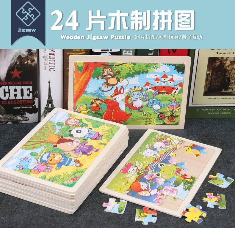 New 24 Pieces Wooden Puzzles Kids Cartoon Animal Wood Jigsaw Early Educational Learning Toys for Children GIFT