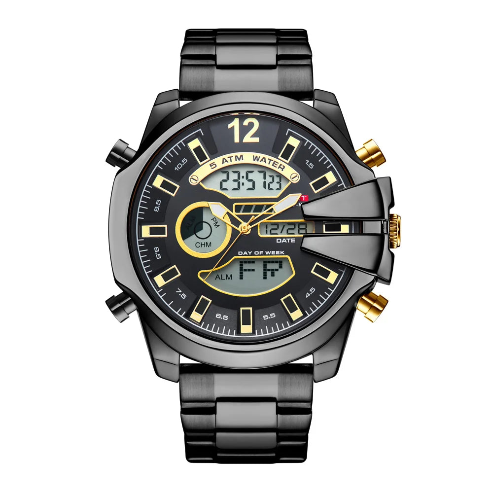 KAT-WACH Men Big Dial Wrist Watches Gold Top Brand Luxury Male Clock 2024 Gold Black Quartz Dual Display Chronograph Dropship