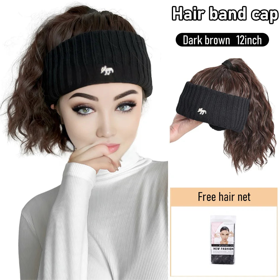Gorro de punto de 12 pulgadas negro sintético con parte superior hueca, extensiones de peluca de cola de caballo con ondas de agua, logotipo bordado, invierno cálido, Navidad