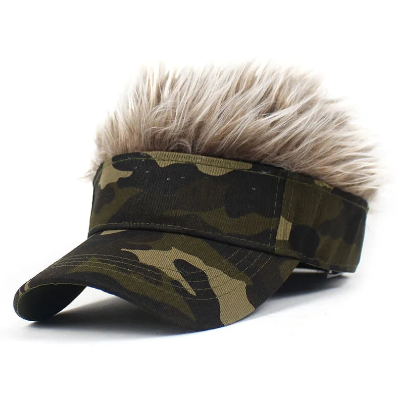 Gorra Unisex Verde Militar Camuflaje Estampado Anti-UV Golf Béisbol Pelo Sintético con Púas Sombrero Deporte Correr Peluca Parasol