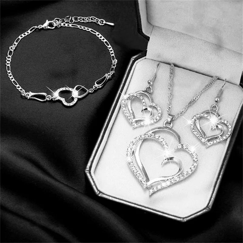 Women's Fashion Double Heart Jewelry Set Girls Delicate Necklace Earrings Bracelet Trendy Accessories Anniversary Wedding Gift