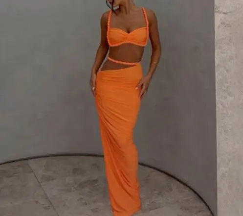 Skirt Set for Women's Fashion Spring Summer Latest Clothin Sexy Solid Color Backless Small Tank Top Hip Hugging Skirt Set