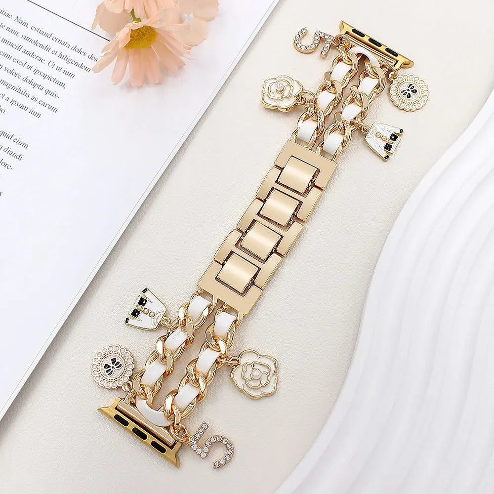 1 tassel flower design Apple Watch strap, detachable joint adjustable size practical metal strap with gemstone decoration