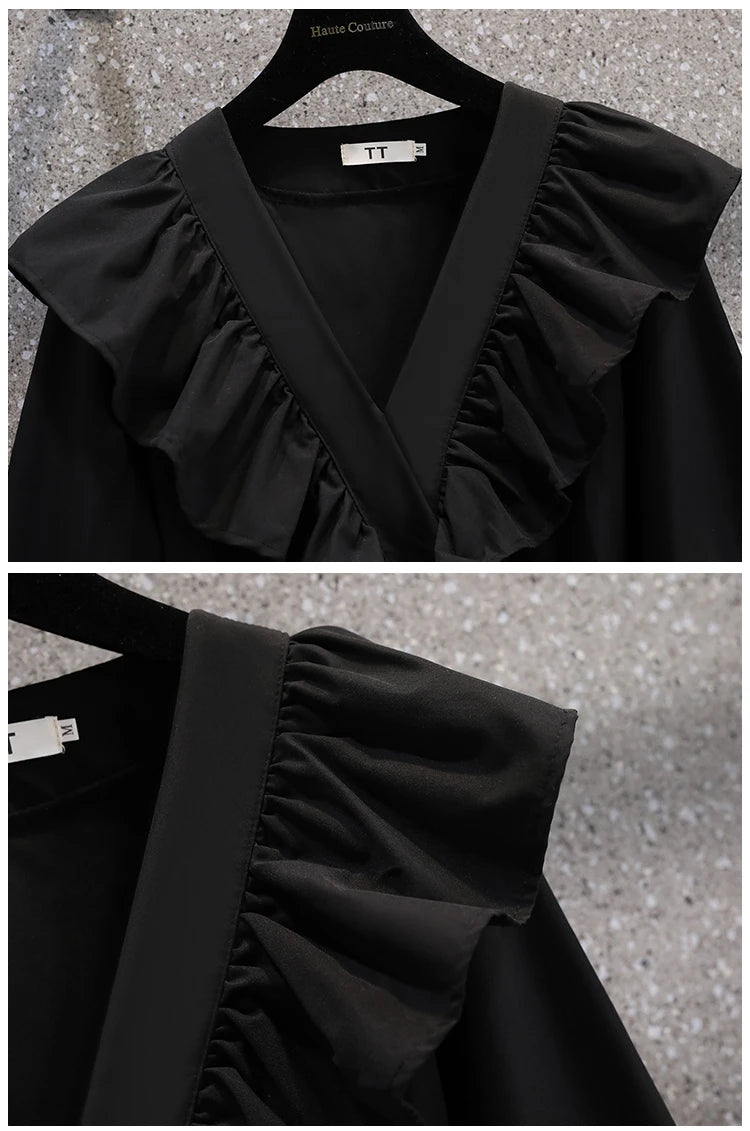 Plus Size Dresses Women Autumn New Arrivals Long Puff Sleeve Black V Neck A Line Dress Large Size Women Clothing Dress