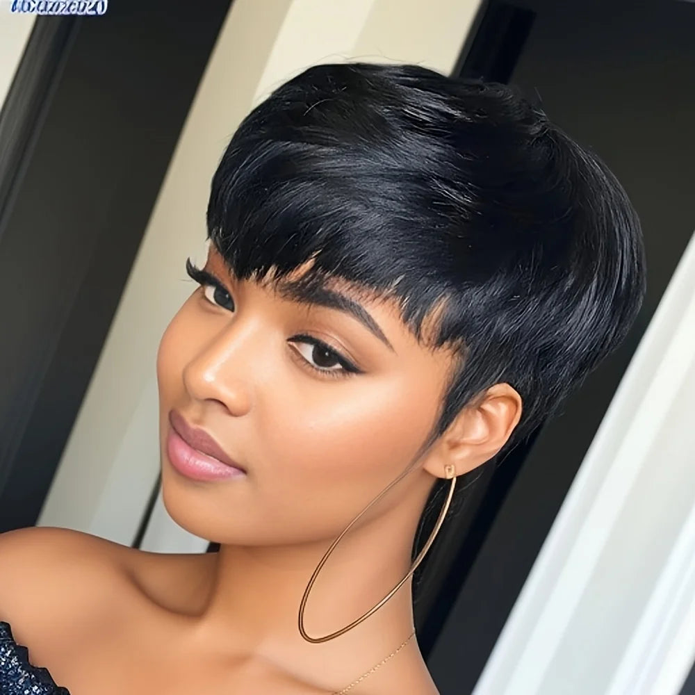 Ombre Orange Color Pixie Short Cut Bob Wig With Bangs Human Hair Wig Brazilian Natural Wig For Women Machine Made Wig