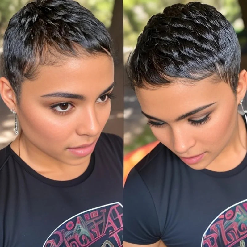 Pelucas Pixie Cut Peluca Corta de Cabello Humano para Mujeres Peluca Ondulada Negra Natural Cabello Remy Hecho a Máquina Completo