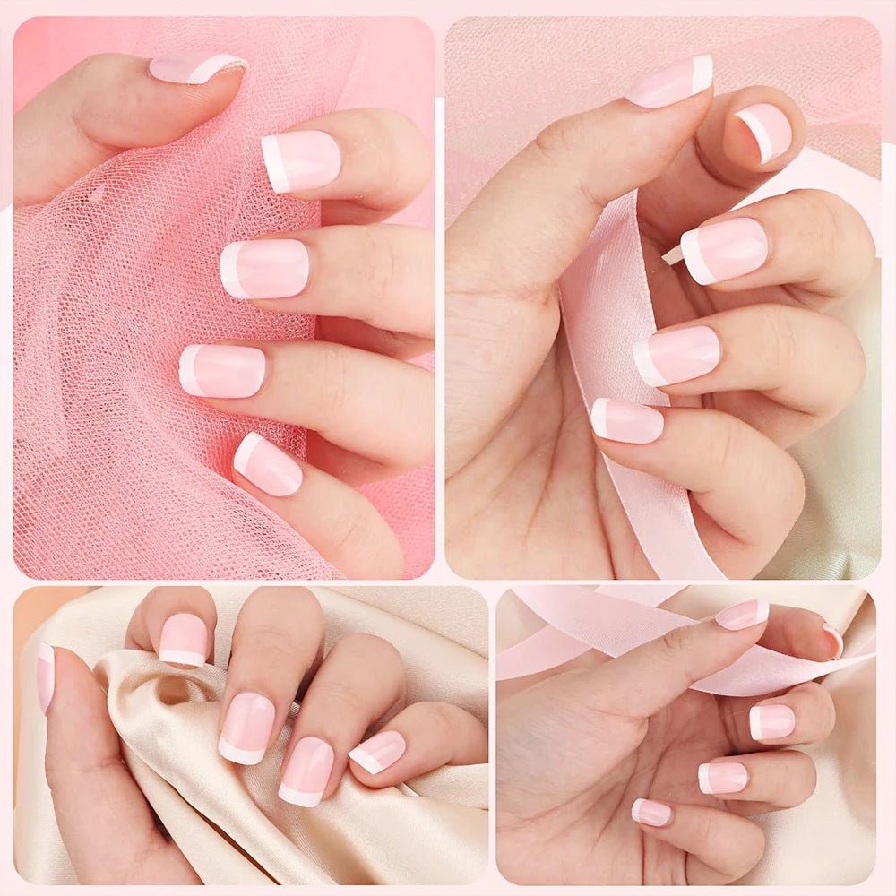 24Pcs French Square Round Head Fake Nails Natural Nude/Pink Press On Nails Tips With White-edges Wearable Full Cover Flase Nails