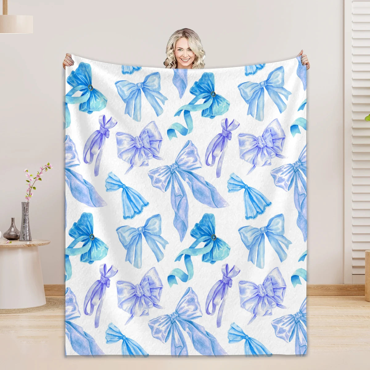 1PC Throw Blanket Blue Bow 3D Printed Soft Fuzzy Nap Blanket Bedspreads All Seasons Gifts For Girl Women Adult Flannel Blanket