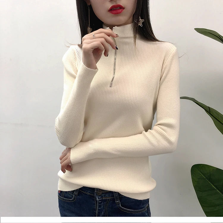 Suéter de punto para mujer con cremallera, cuello medio alto, jerséis de otoño e invierno, suéteres básicos de mujer, prendas de punto ajustadas, tops de mujer