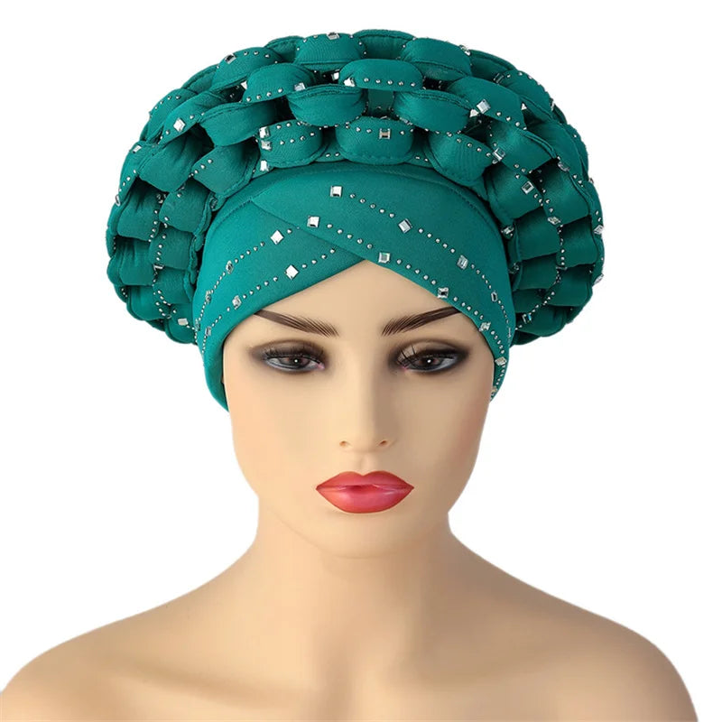 Rhinestone Auto Gele Headwrap – Sparkling African Elegance