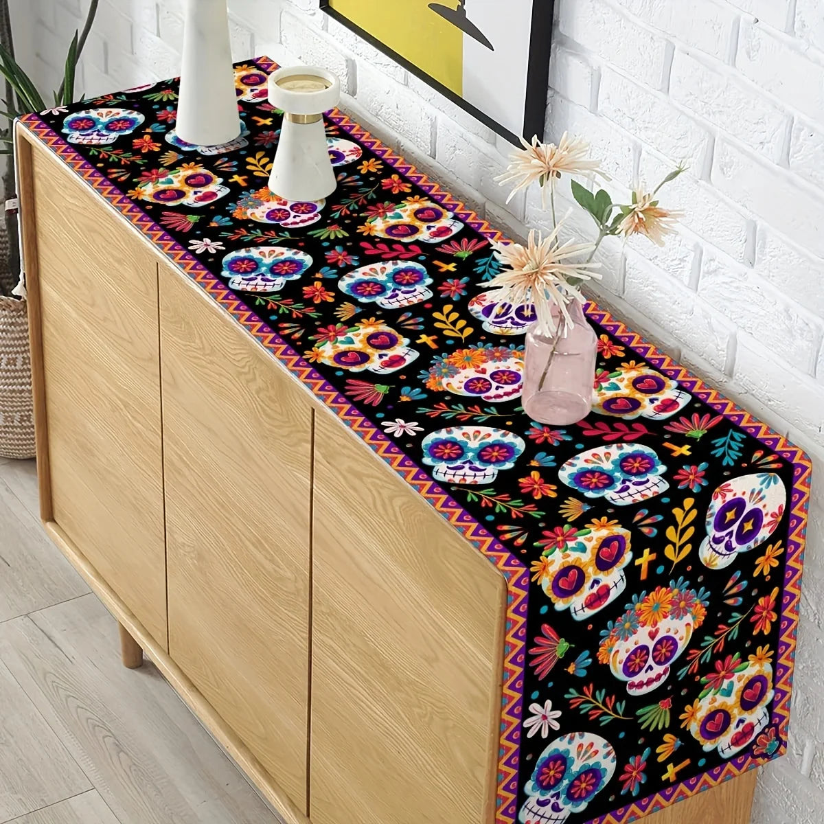 [1pc Mexican Table Runner] Vibrant Mexican Style 1pc Table Runner | Day of The Dead Design with Floral Patterns
