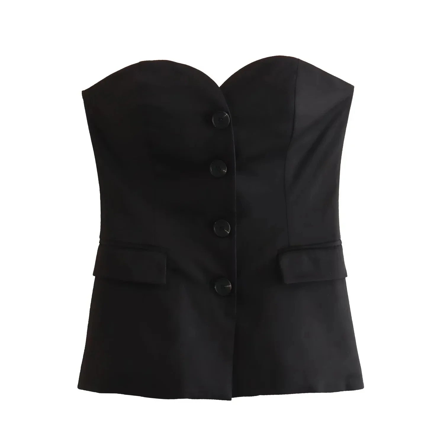 Traje de pantalón elegante sólido para mujer, tops sin tirantes sexy con botones delanteros + conjunto de pantalón con aberturas laterales, moda urbana femenina