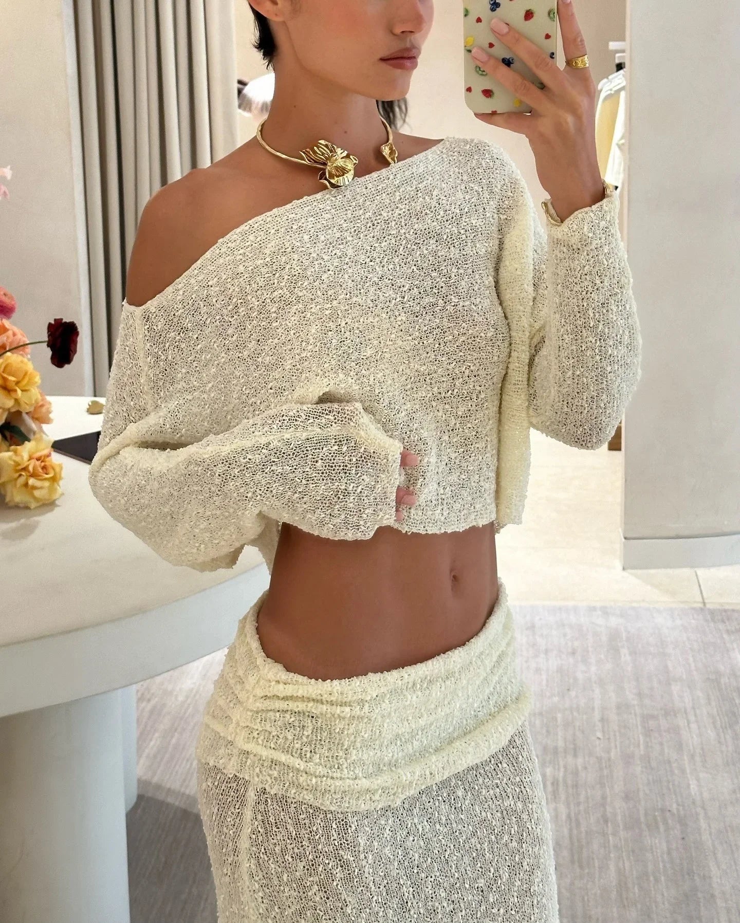 Knitted Skirt Set Women's Summer Off-Shoulder Long Sleeve Cropped Top Slim See-through Pleated Skirt Female Skirt Set