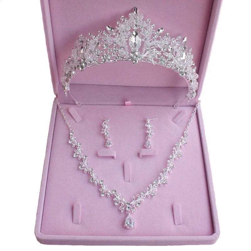 Bridal Jewelry Sets Crown Necklace Earrings Four Pack Silver Colour Women's Fashion Wedding Tiaras(excluding boxes)