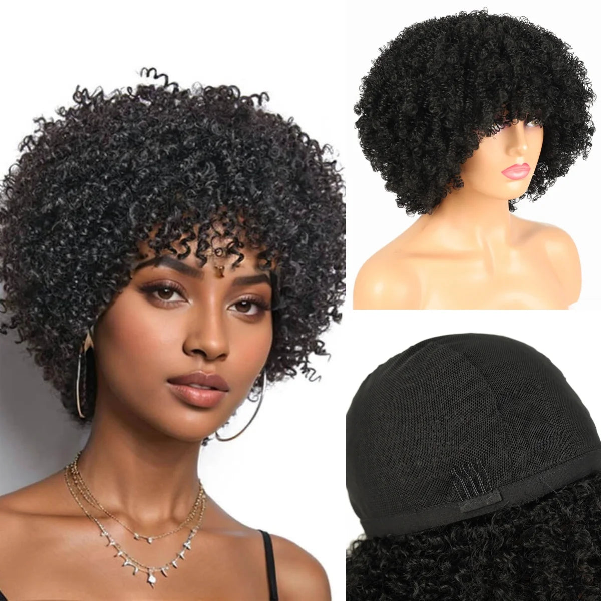 Synthetic Afro Kinky Curly Hair Wigs With Bangs Soft Fluffy Fiber Cheap Machine Made Wig  For Women Party Cosplay Daily Use