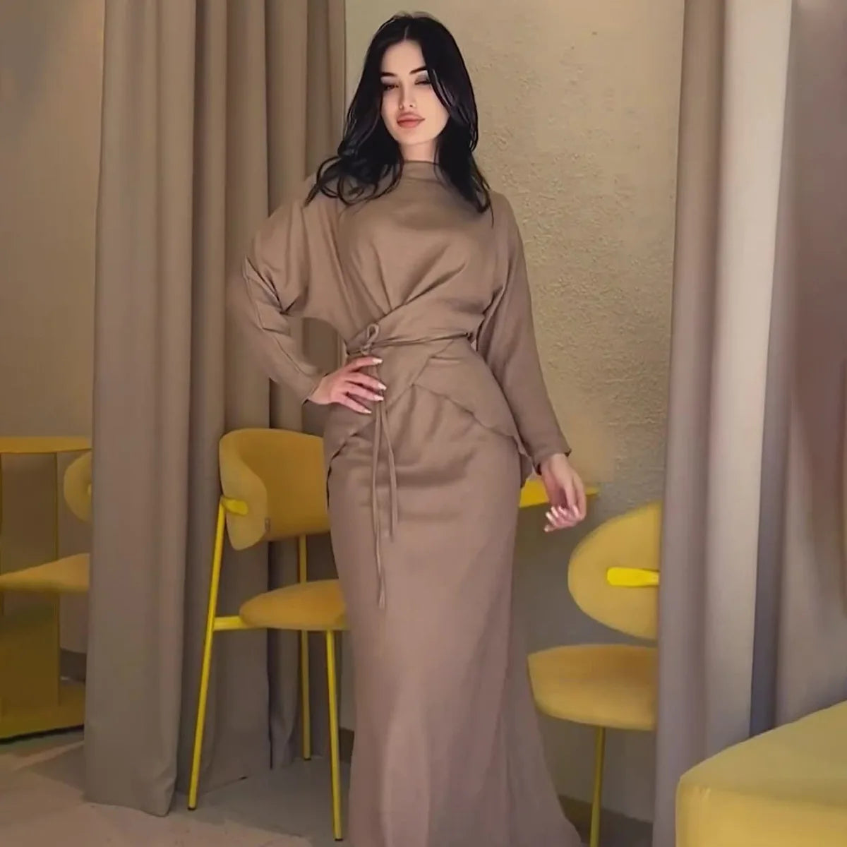 Elegant Loose Midi Skirt Sets Women Satin Cross Lace-Up Long Sleeve Top And Maxi Skirt Set Fall Clothes Chic Office Sets