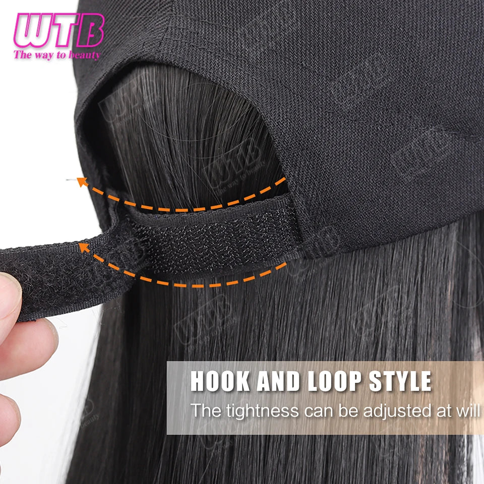 WTB Synthetic Hat Wig Black Short Straight Hair Adjustable Size Sunshade Cap Suitable for Women's Daily and Holiday Wear