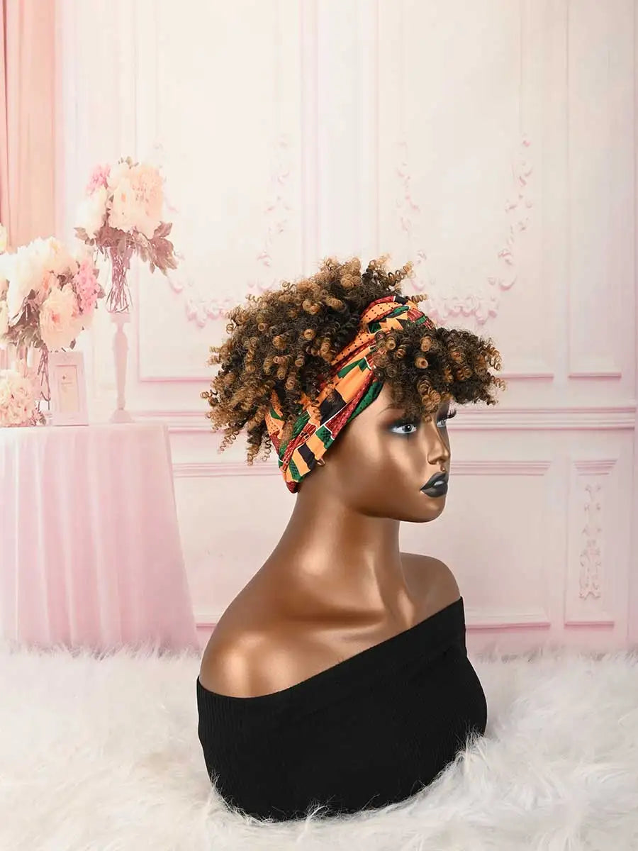 Headband Wig Curly Headband Wig With Bangs For Women Synthetic Afro Curly Hair Wig With Headband Attached Short Kinky Curly Afro High Puff With Bangs Stripes Short Red Curly Wigs with Bangs for Women, Natural Wavy Synthetic H