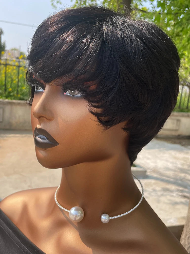 Pelucas de Cabello Humano Peluca Corta Pixie de Cabello Humano para Mujeres Negras Pelucas Hechas a Máquina con Flequillo Peluca Pixie Perruque Cheveux Humain