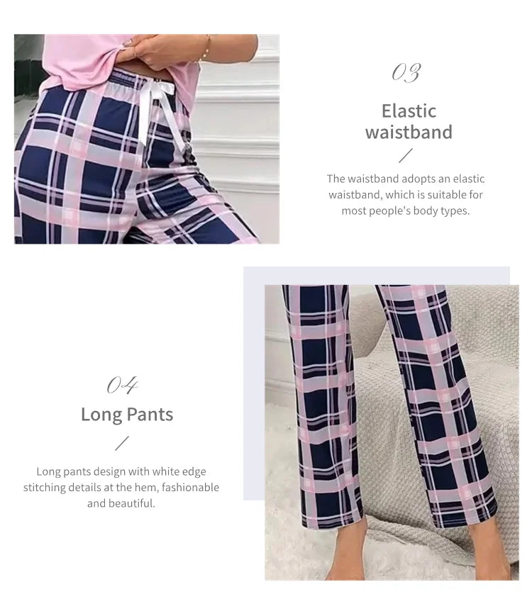 Women's Pajamas Set Soft Comfortable Letter Print T-Shirt & Plaid Long Pants Sleepwear 2 Pieces Home Clothes Loungewear Pyjama
