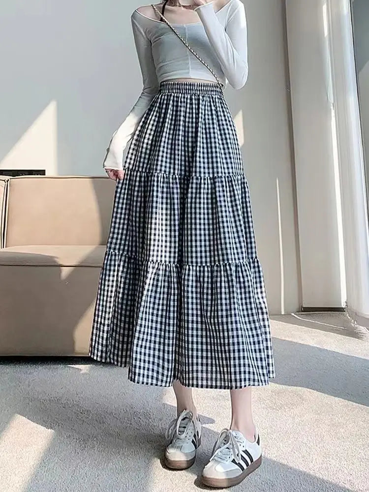 Jupe patchwork à volants pour femme, style vintage, à carreaux, taille haute, élastique, amincissante, mi-longue, été