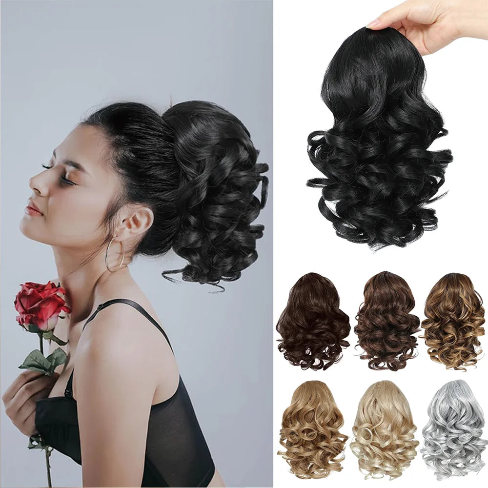 Short Synthetic curly Drawstring Ponytail extensions with Clip in Hairpieces for Women daily use that beginners friendly
