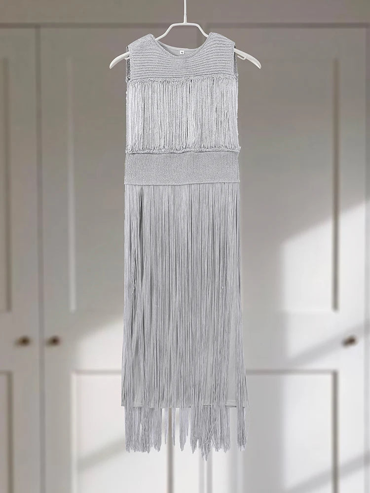 Tassel Skirt Women's 2 Piece Set Elegant Round Neck Sleeveless Zipper Sequin Top A-line Long Skirt Suit Lady 2025 Summer Outfits
