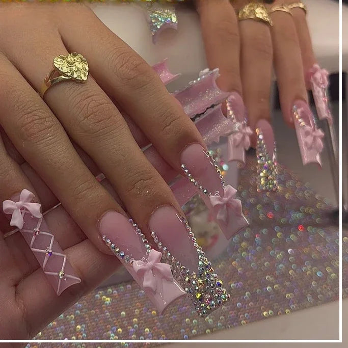24Pcs Long False Nails Press on Nails Full Cover Butterfly French Coffin Glitter Small Diamonds Wearable Manicure Nail Tips Art