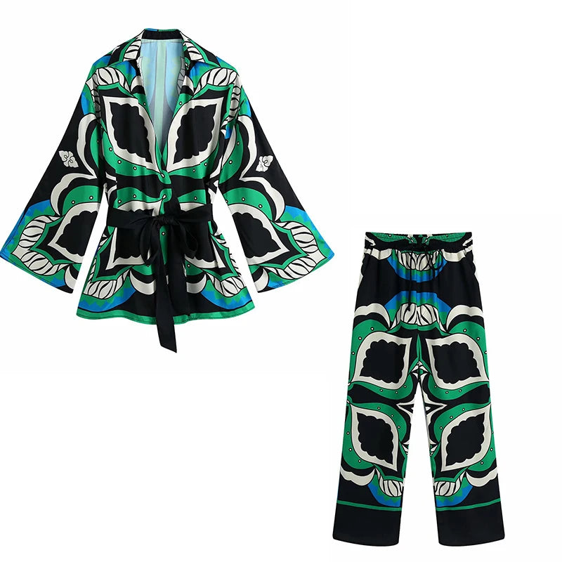 Women's Print Pajamas Set Summer Spring 3 Pieces Ladies Loose Sleepwear Kimono Streetwear V Neck Pijama Suit For Female 2024