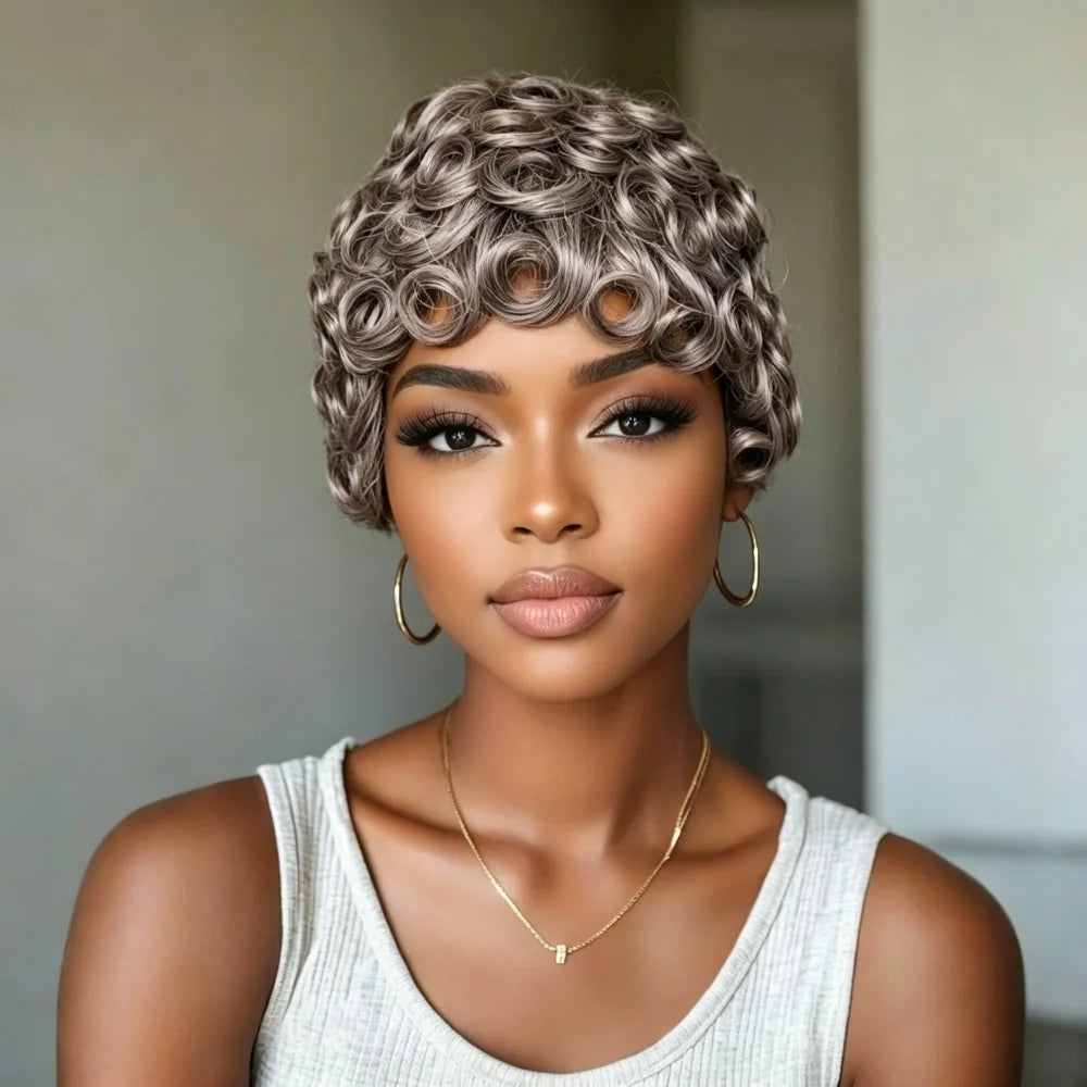 Short Pixie Cut Loose Curly Gray Human Hair Wig for Women Full Machine Made Stylish Silver Grey Synthetic Hair Topper