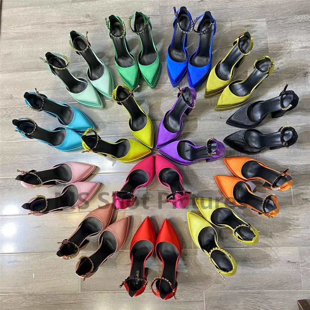 Luxury Women High Heel Shoes Platform Sandals Pointed Toe Woman Silk Pumps Sexy Rhinestone Buckle Chunky Heel Wedding Shoes 2024
