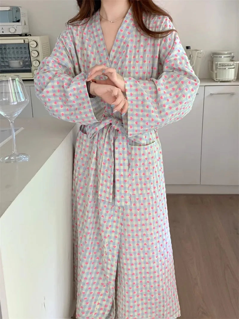 Bata de baño para mujer, estilo kimono largo y holgado, con cuello en V, cordones, pantalones a cuadros, bata de dormir sexy para mujer/niña.