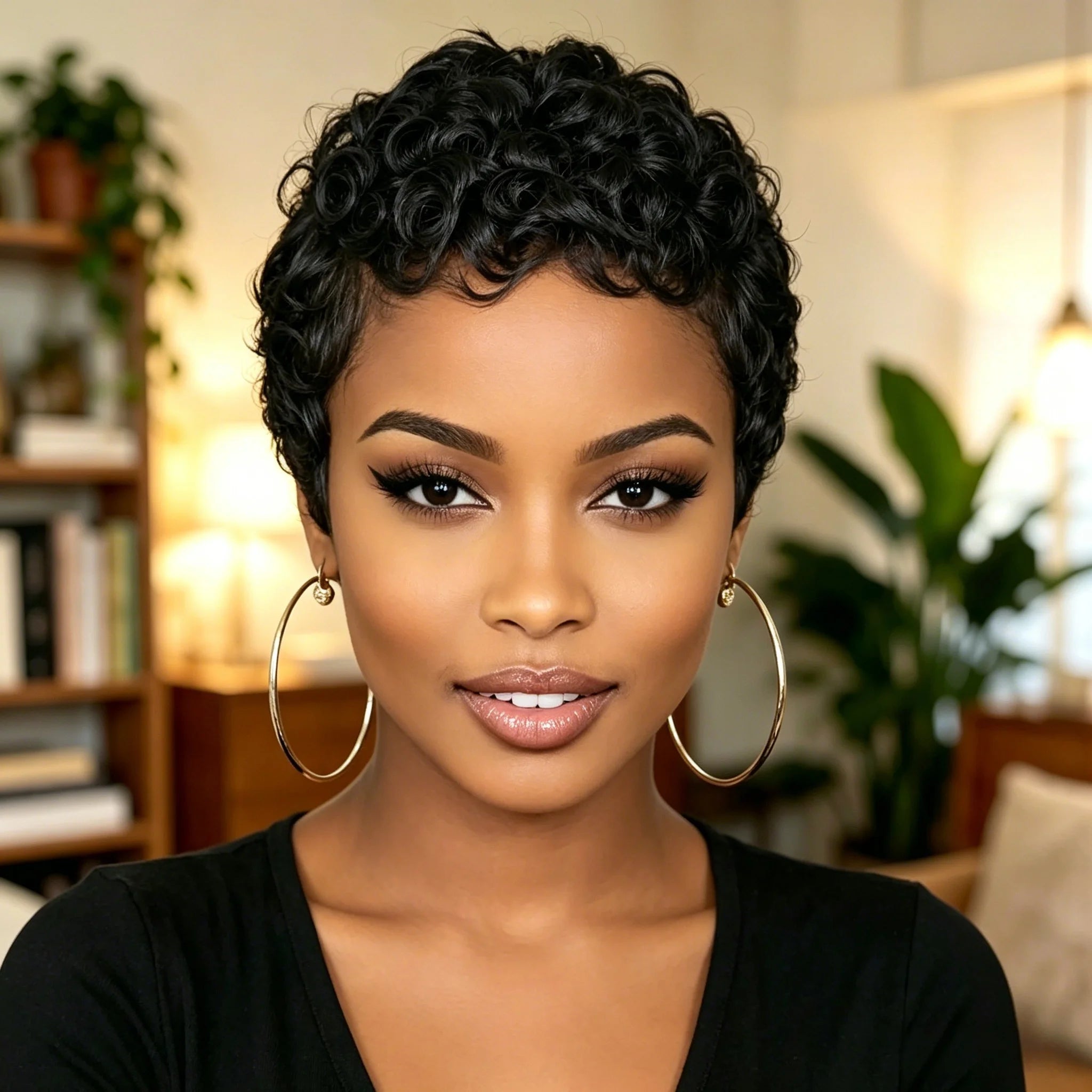 Side Part Brazilian Human Hair Short Pixie Cut Wig Loose Curly for Women Full Machine Made Wig